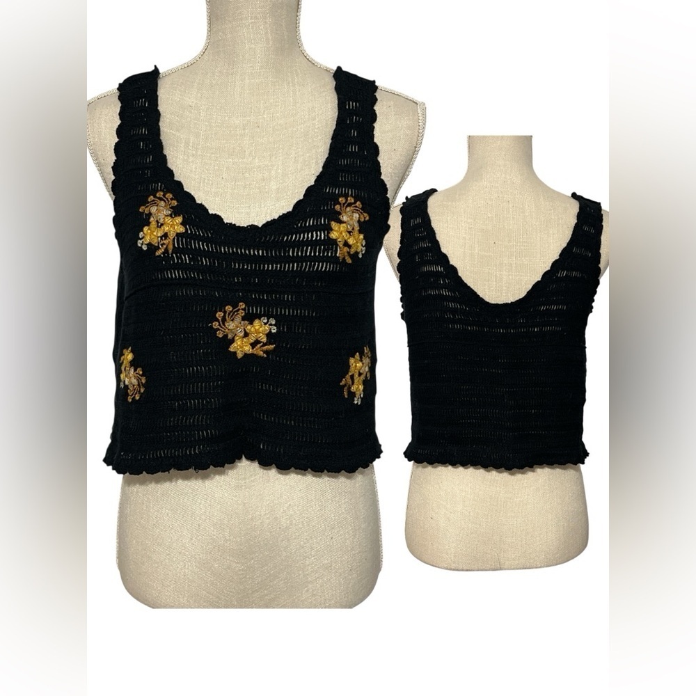 Elegant Black and Yellow Embroidered Tank Top- XS-S